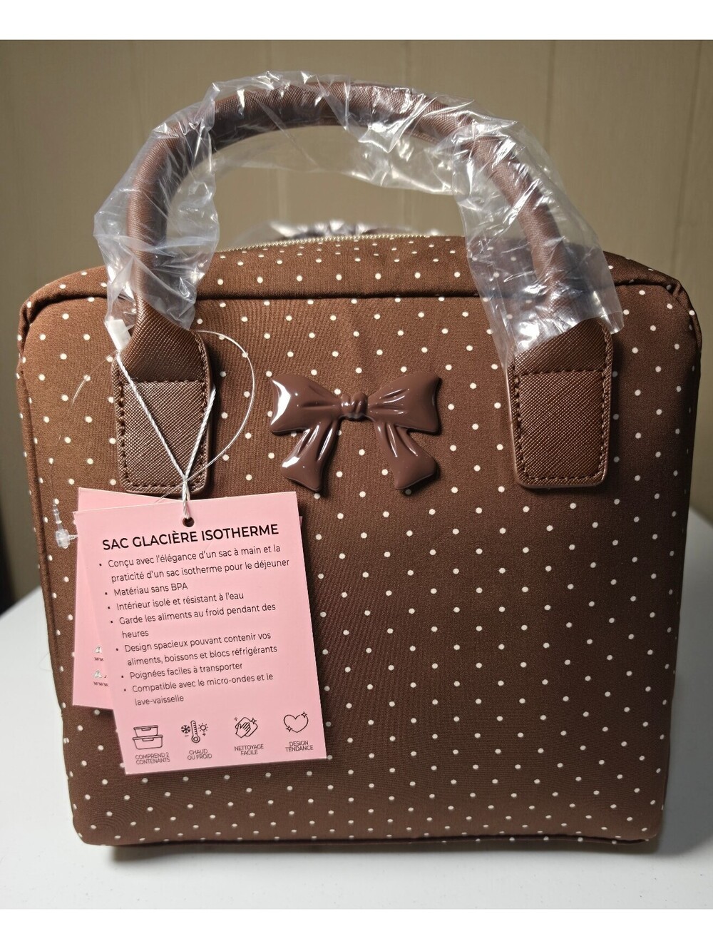 Brown Polka Dot Insulated Lunch Bag with Bow Detail